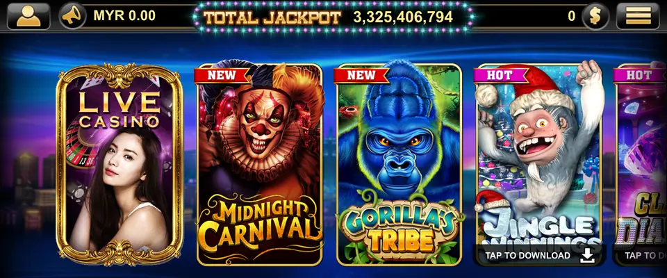 Live22 lobby row with Live Casino, Midnight Carnival, Gorilla's Tribe and Jingle Winnings tiles, one marked Tap to Download