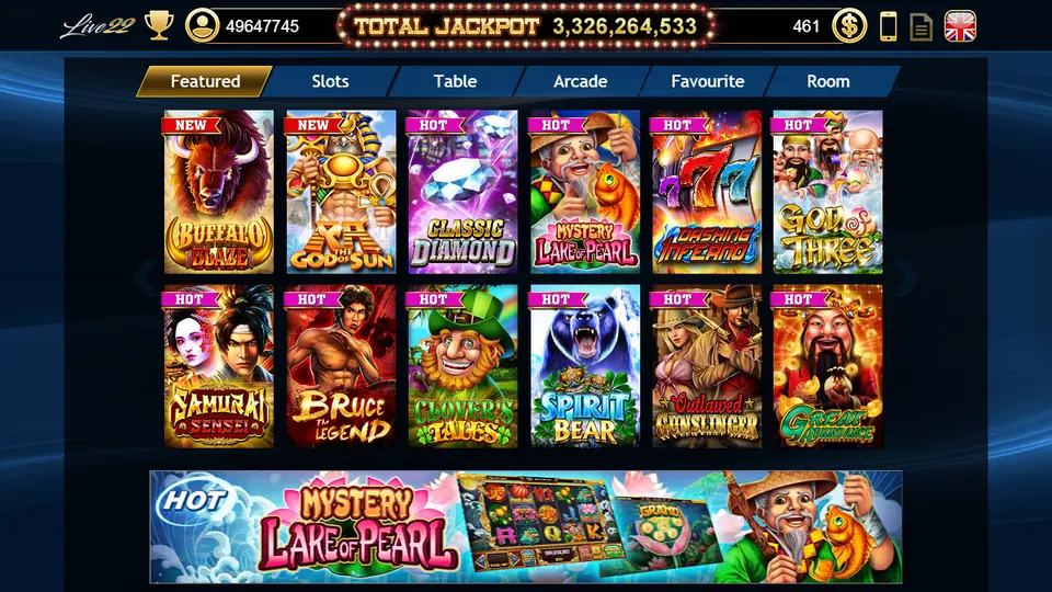 Live22 app lobby with a Total Jackpot counter and tabs for Featured, Slots, Table, Arcade, Favourite and Room above twelve game tiles