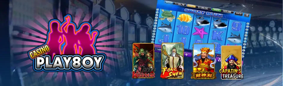 Casino Play8oy logo with pink silhouettes, beside a Great Blue slot screen and tiles for Three Kingdoms, Fong Shen, Cai Shen Dao and Captain's Treasure