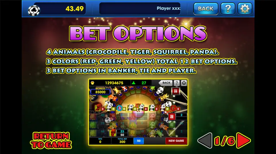 Animal Circus Bet Options help page on 3Win8 listing four animals, three colours and Banker, Tie and Player bets