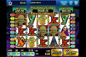 Aztec's Treasure on 3Win8 with 20 lines, a 2.00 bet and the Minor, Random Jackpot and Major meters over the reels