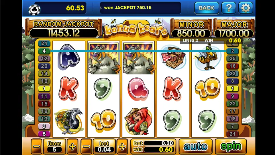 Bonus Bears paying 0.60 on line 2 with an A and two bear wilds, 5 lines at 0.04