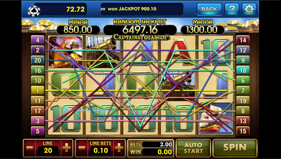 Captain's Treasure Pro reels on 3Win8 with 20 lines at 0.10, a 2.00 bet and the Minor, Random Jackpot and Major meters