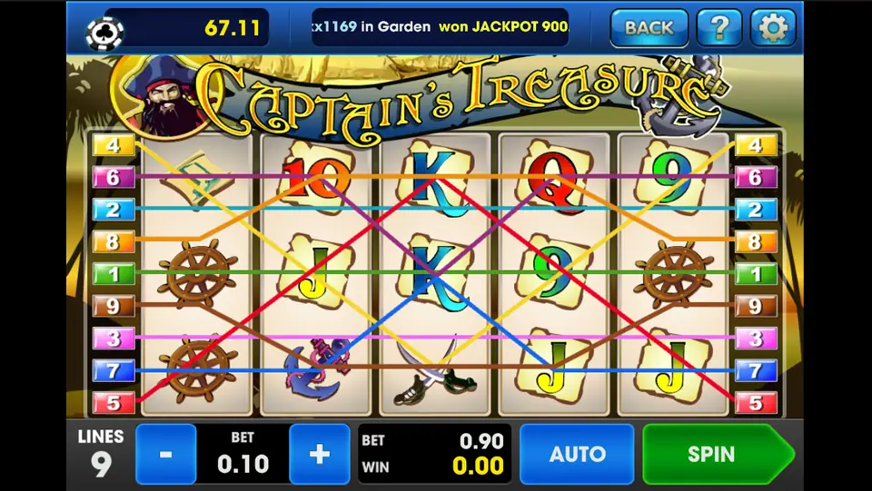 Captain's Treasure classic reels with 9 lines at 0.10 and a total bet of 0.90