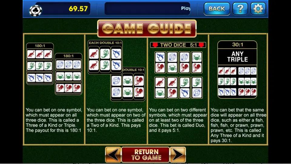 Fish Prawn Crab Game Guide on 3Win8 explaining the 180:1 triple, 10:1 double, 5:1 two-dice and 30:1 any-triple bets