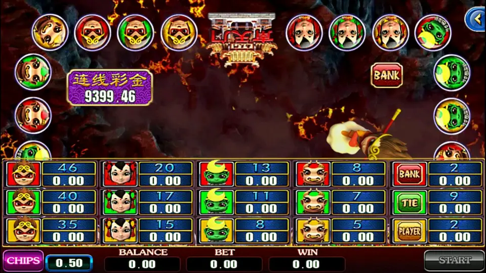 ACE333 arcade betting board with Journey to the West style character icons, payout multipliers from 2 to 46, Bank, Tie and Player boxes and a 0.50 chip selector