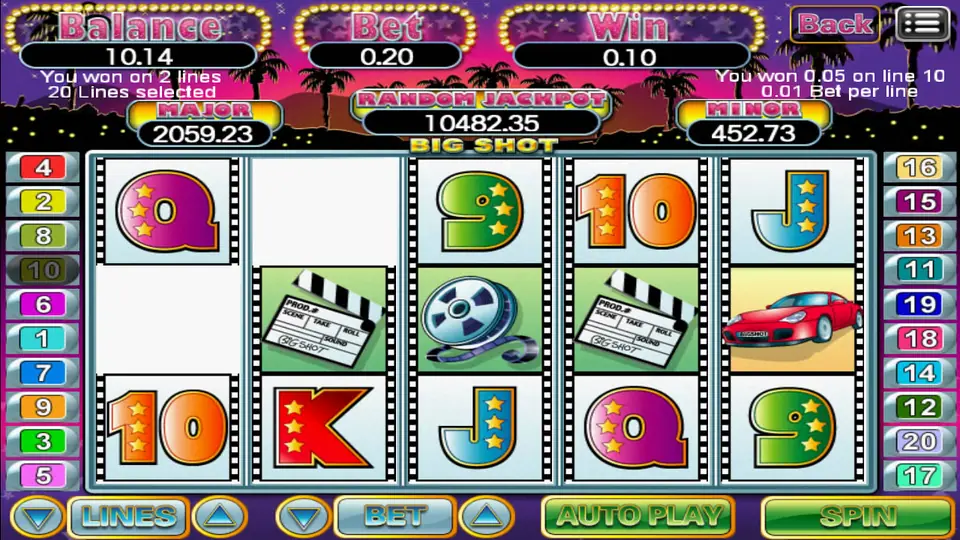 A two-line win of 0.10 on 918Kiss Big Shot, with line 10 highlighted on the left