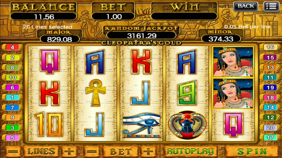 Cleopatra's Gold on 918Kiss with two Cleopatra portraits on reel 5, an ankh, Eye of Horus and a scarab, 20 lines at 0.05 per line