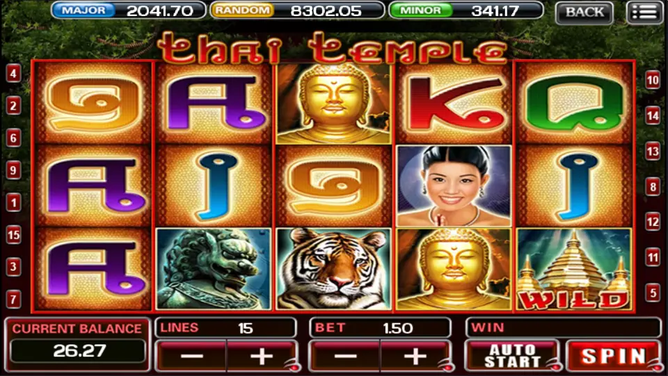 Thai Temple reels on ACE333 with gold Buddhas, a tiger, a stone guardian lion and the temple Wild, 15 lines at 1.50