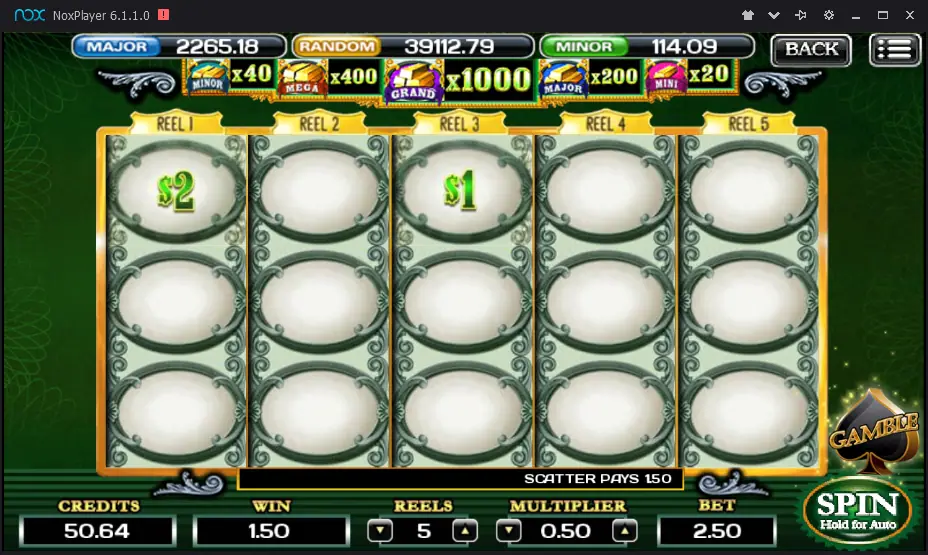 The Green Machine Deluxe with $2 and $1 values on reels 1 and 3, Scatter Pays 1.50 at a 0.50 multiplier