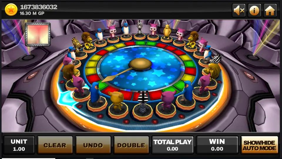 Animal Party arena with animal figures around a coloured ring and the pointer in the centre