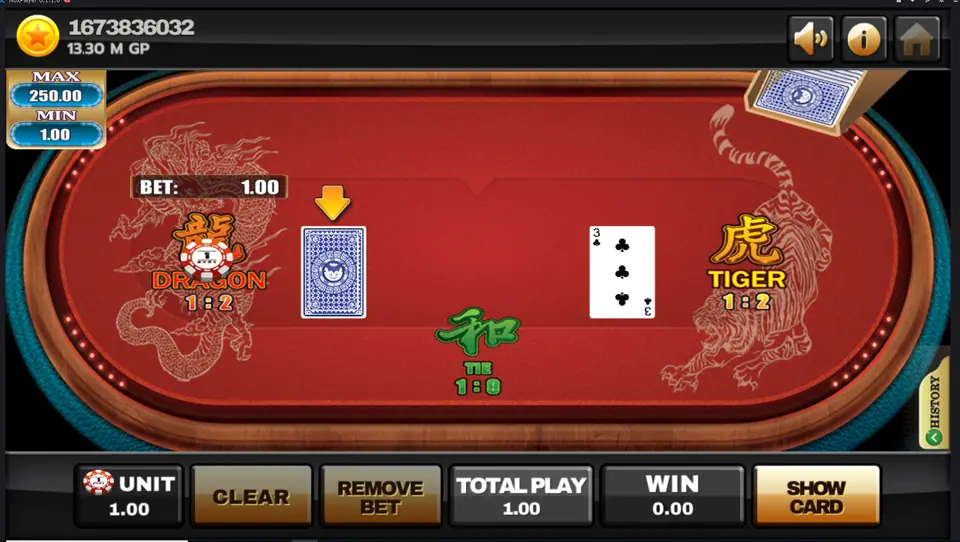 Tiger shows the 3 of clubs while Dragon's card is still face down