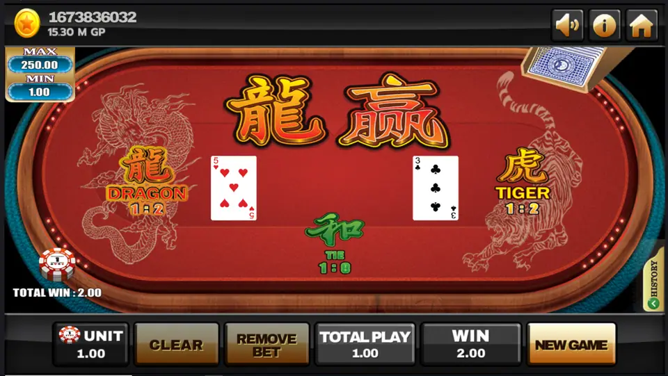 Dragon wins with the 5 of hearts against Tiger's 3 of clubs, total win 2.00