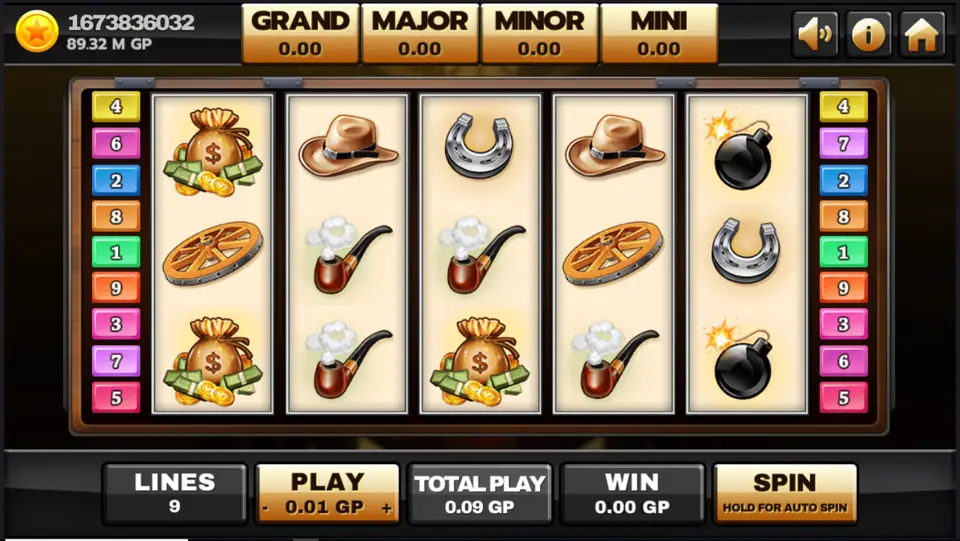 Silver Bullet slot on Joker123 with money bags, cowboy hats, a horseshoe, wagon wheels, pipes and bombs on five reels