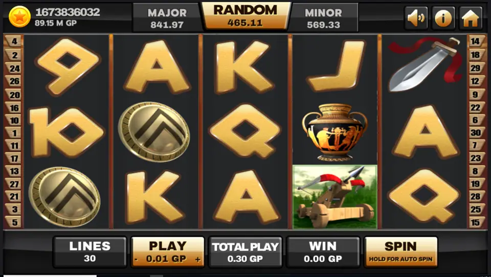 Sparta slot on Joker123 with gold card letters, a Spartan shield, a Greek vase, a catapult and a sword on five reels