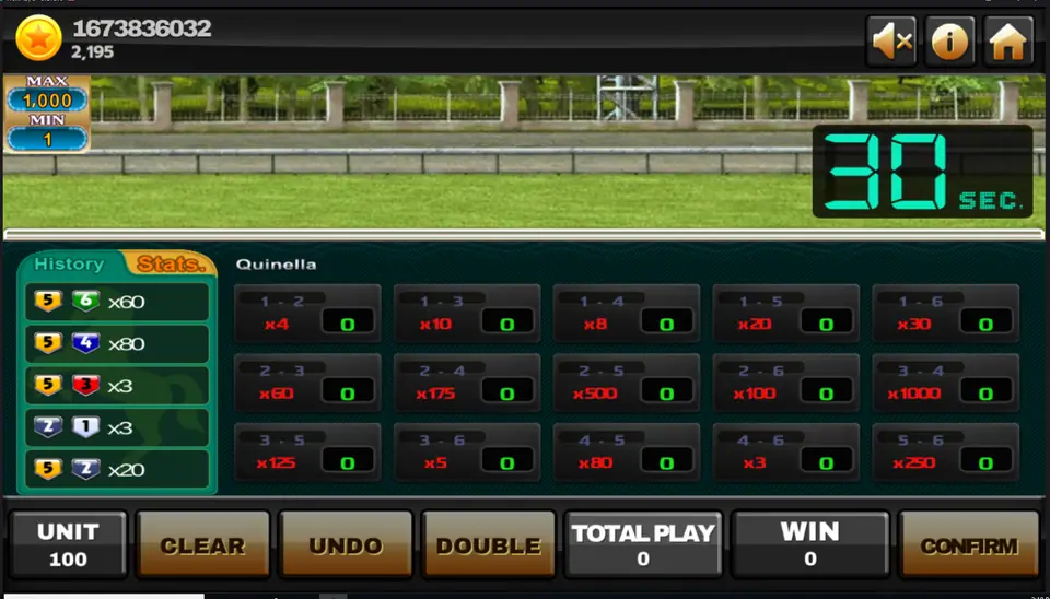 Super Derby betting screen on Joker123 with a 30-second timer, race history and a quinella board of 15 horse pairs with odds from x3 to x1000