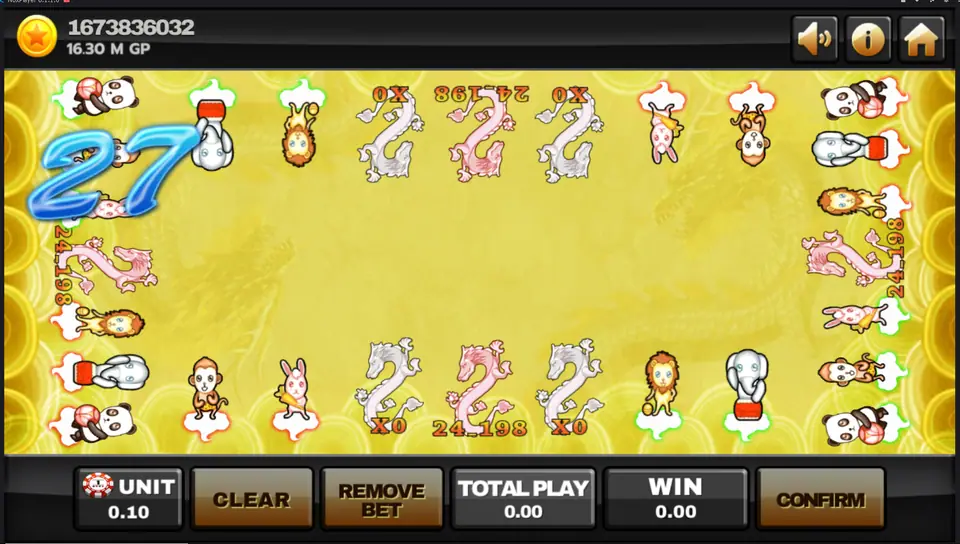 Super Dragon board on Joker123 with pandas, elephants, lions, monkeys and rabbits on red and green clouds around a gold field, countdown at 27