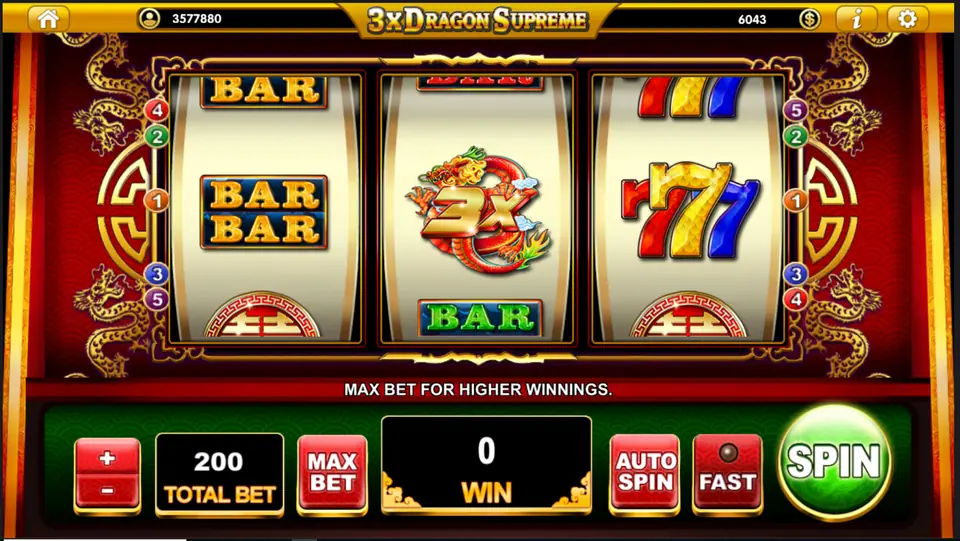3x Dragon Supreme reels in Live22 showing BAR, double BAR, the dragon 3x symbol and a triple seven, with Total Bet 200 and the green Spin button