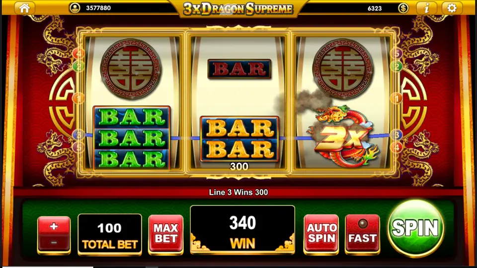 Dragon 3x on reel three completing a line with triple and double BARs