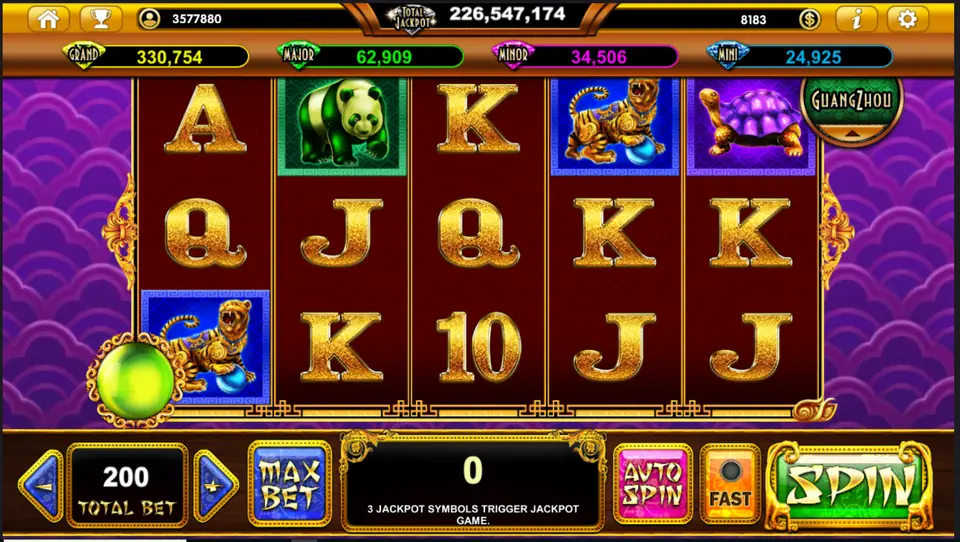 Age slot on Live22 with Grand, Major, Minor and Mini jackpot meters above 5x3 reels of card ranks, a panda, golden tigers and a purple turtle