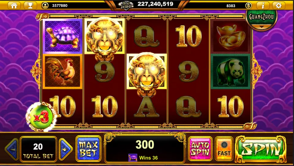 Two golden lion-face symbols glowing on reels two and three, with a x3 orb on the left and a 300 win