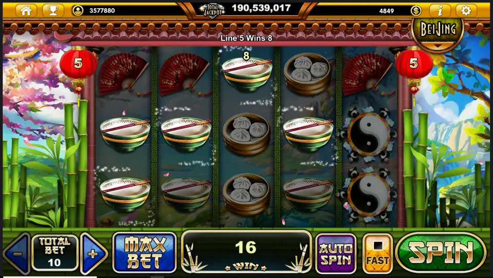 Three rice bowls paying 8 on line 5 with yin-yang tiles on reel five, total win 16