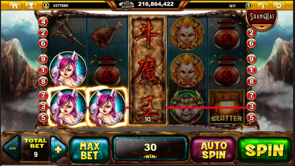 Fox-eared girl portraits paying on line 3 through the wild for a 30 win, with a Scatter on reel five