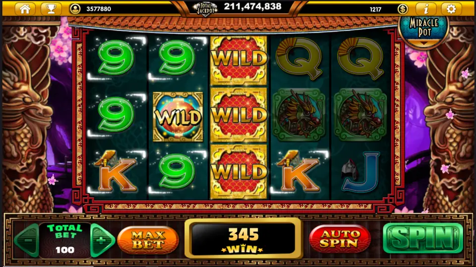 Three WILD tiles stacked on reel three plus a round WILD on reel two, win 345 at Total Bet 100