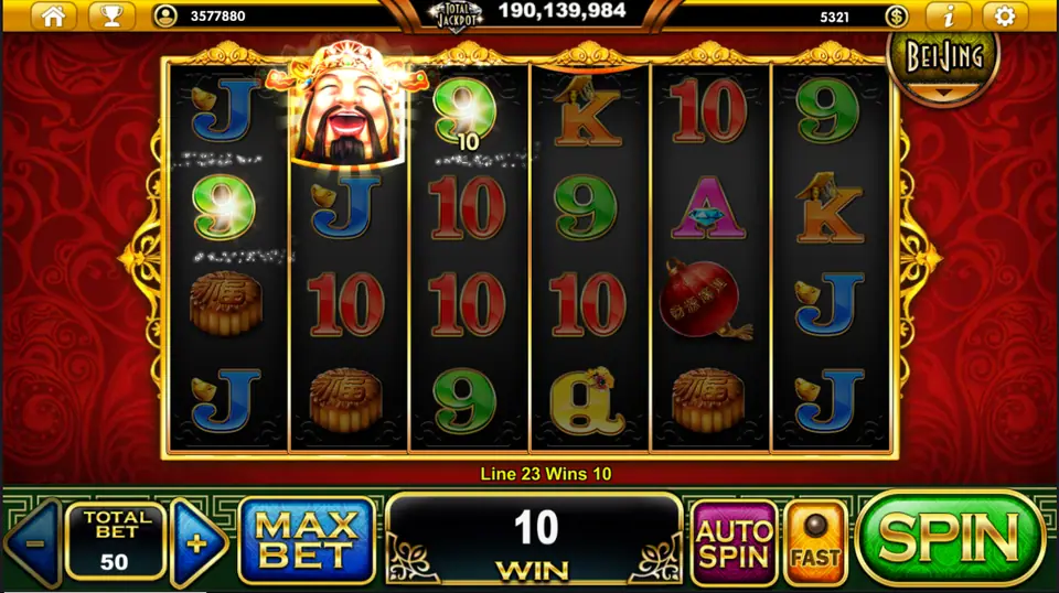 Cai Shen glowing on reel two with a Line 23 win of 10 at Total Bet 50