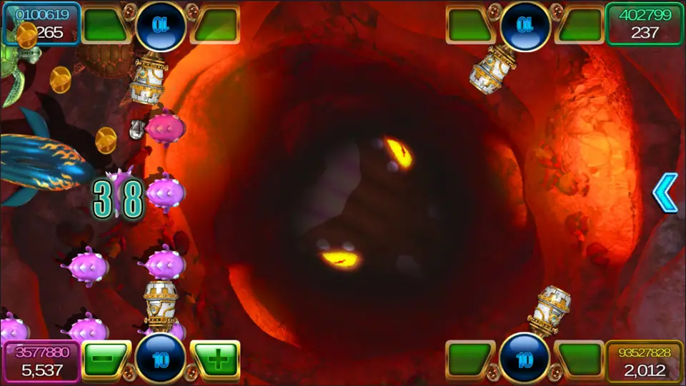 Ocean fish shooting game on Live22 in a red lava cave, a giant shadowy creature with glowing eyes in the centre, purple puffers and four cannon seats