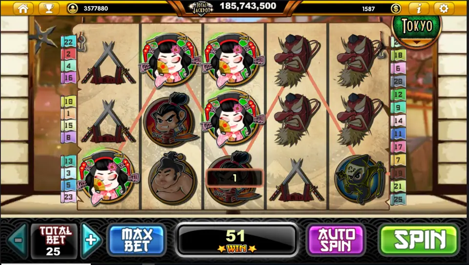Geisha and oni-mask line wins adding up to 51 at Total Bet 25