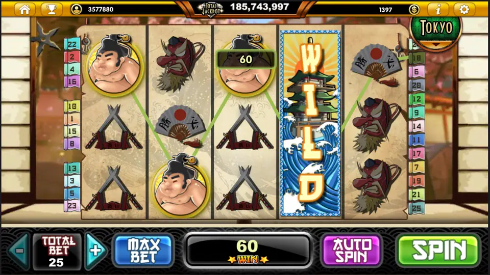 Pagoda WILD on reel four linking sumo wrestlers for a 60 win at Total Bet 25