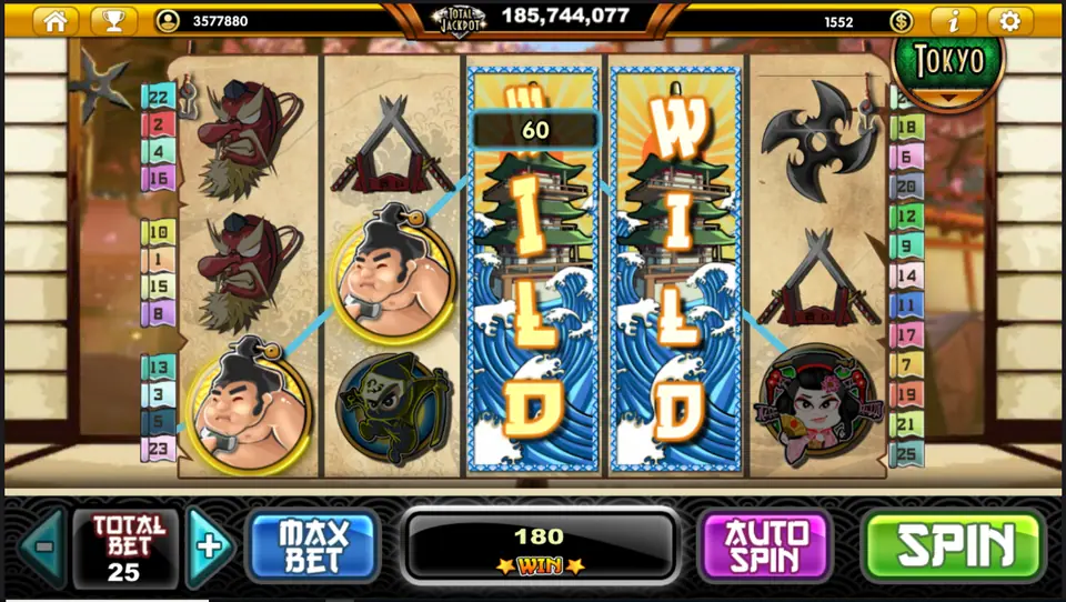 Two pagoda WILD reels on reels three and four with sumo wrestlers on the left, 180 win at Total Bet 25