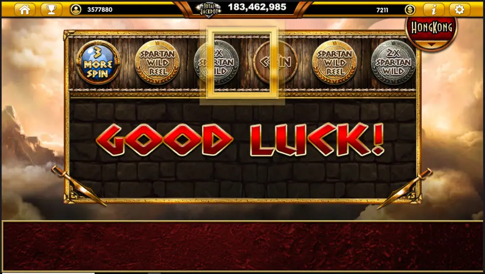 Bonus strip of Spartan shields scrolling past a gold frame above a Good Luck banner