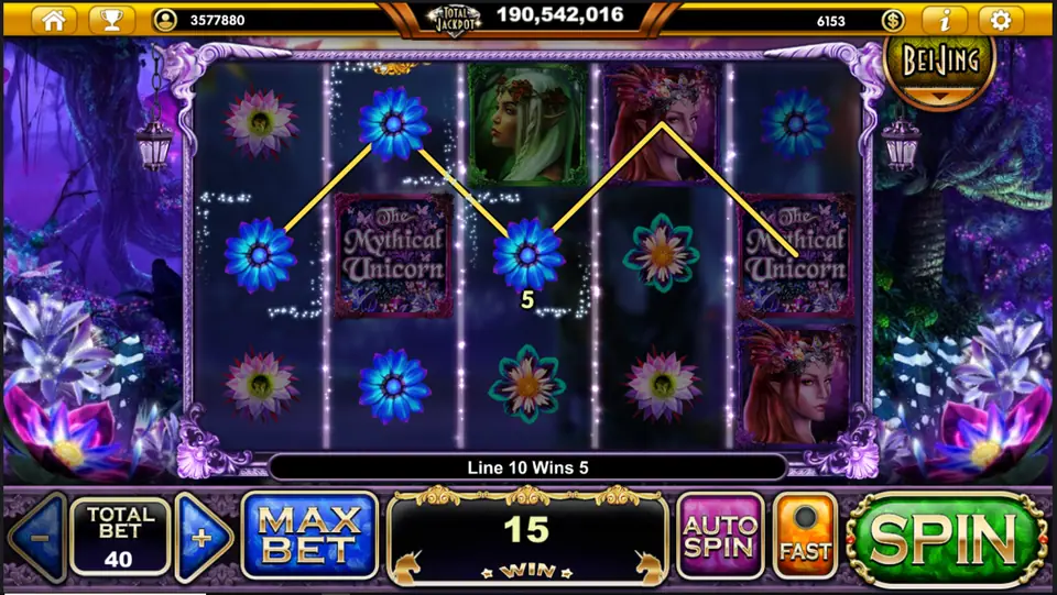 Blue flowers on a V-shaped line for Line 10 Wins 5, total win 15
