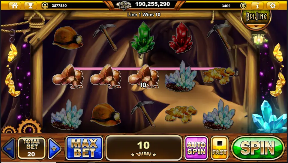 Three copper ore symbols on line 1 paying 10 at Total Bet 20, with crystals and gold nuggets around them
