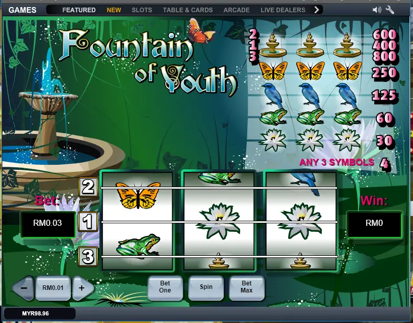 Fountain of Youth on LPE88 with a stone fountain, the paytable of fountains, butterflies, birds, frogs and lotus flowers, and three reels