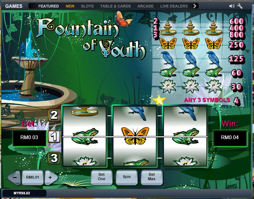 A frog, butterfly and frog on the middle line of Fountain of Youth paying RM0.04 on LPE88