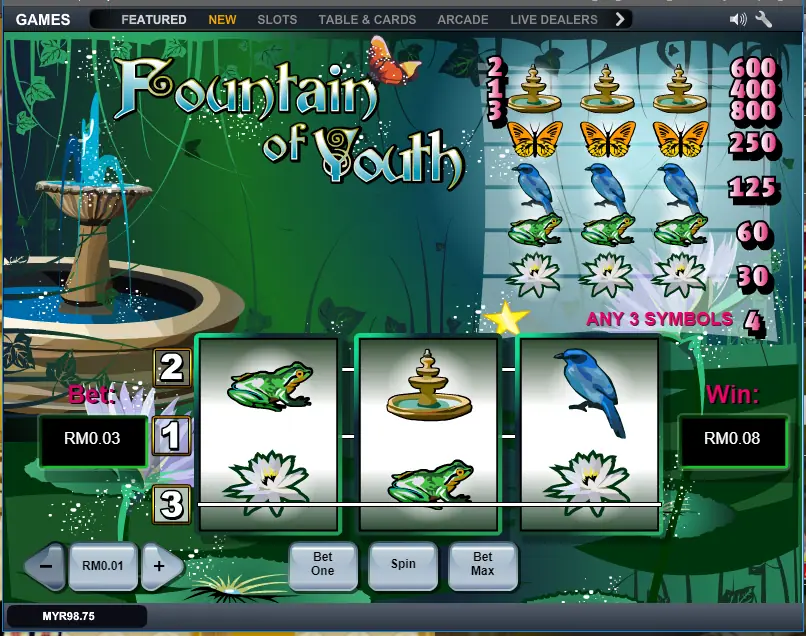 Fountain of Youth on LPE88 with a fountain on the middle reel and two any-3 lines paying RM0.08