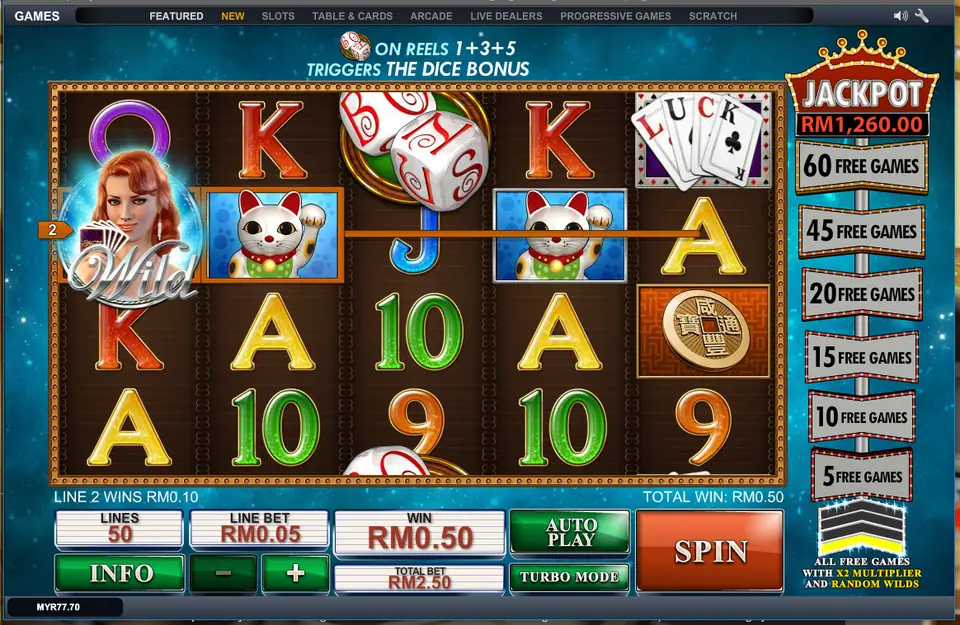 Streak of Luck on LPE88 with a wild on reel 1 completing a lucky-cat line and the message 'dice on reels 1+3+5 triggers the dice bonus'