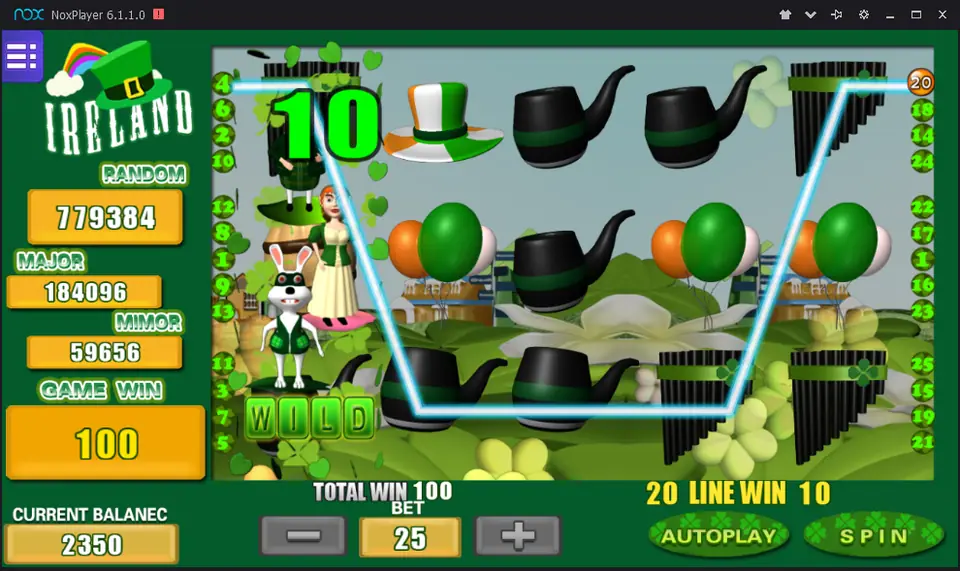 Ireland on Mega888 with the full-reel wild on reel 1 and a 20-line win of 10, for a total of 100