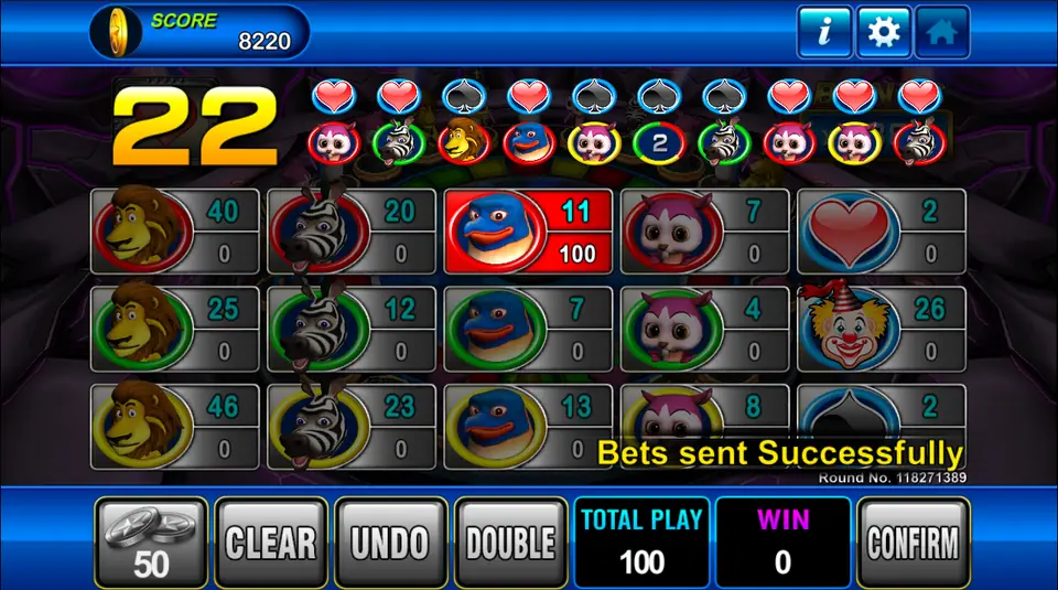 Animal Band bet board with the countdown at 22, odds for each animal and colour, and 100 placed on the red penguin