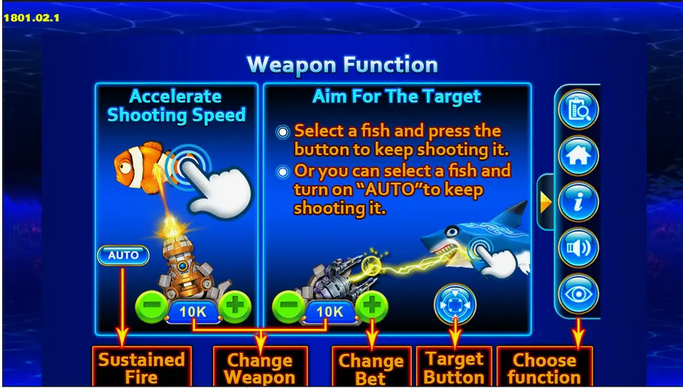 Weapon Function help screen showing Sustained Fire, Change Weapon, Change Bet, Target Button and Choose Function