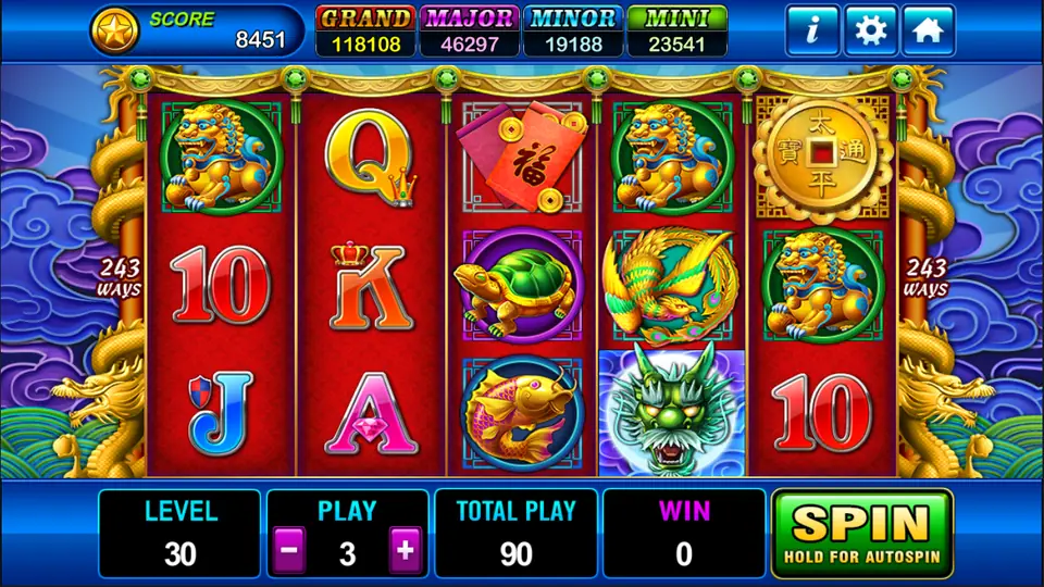 Dragon Legend reels in Play8oy with golden foo dogs, a red envelope, turtle, phoenix, koi and a green dragon head, 243 ways, Level 30 and Play 3