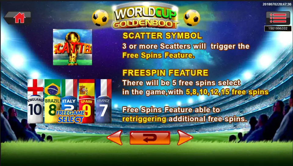 WorldCup Golden Boot Scatter and free spin rules with the five team shirts to pick from